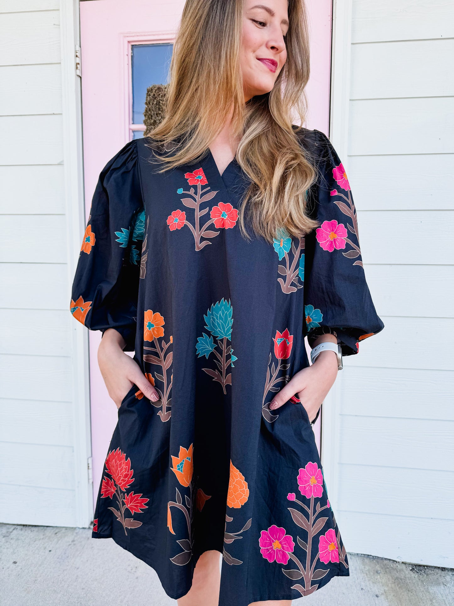 Home Grown Floral 3/4 Sleeve Dress - Black