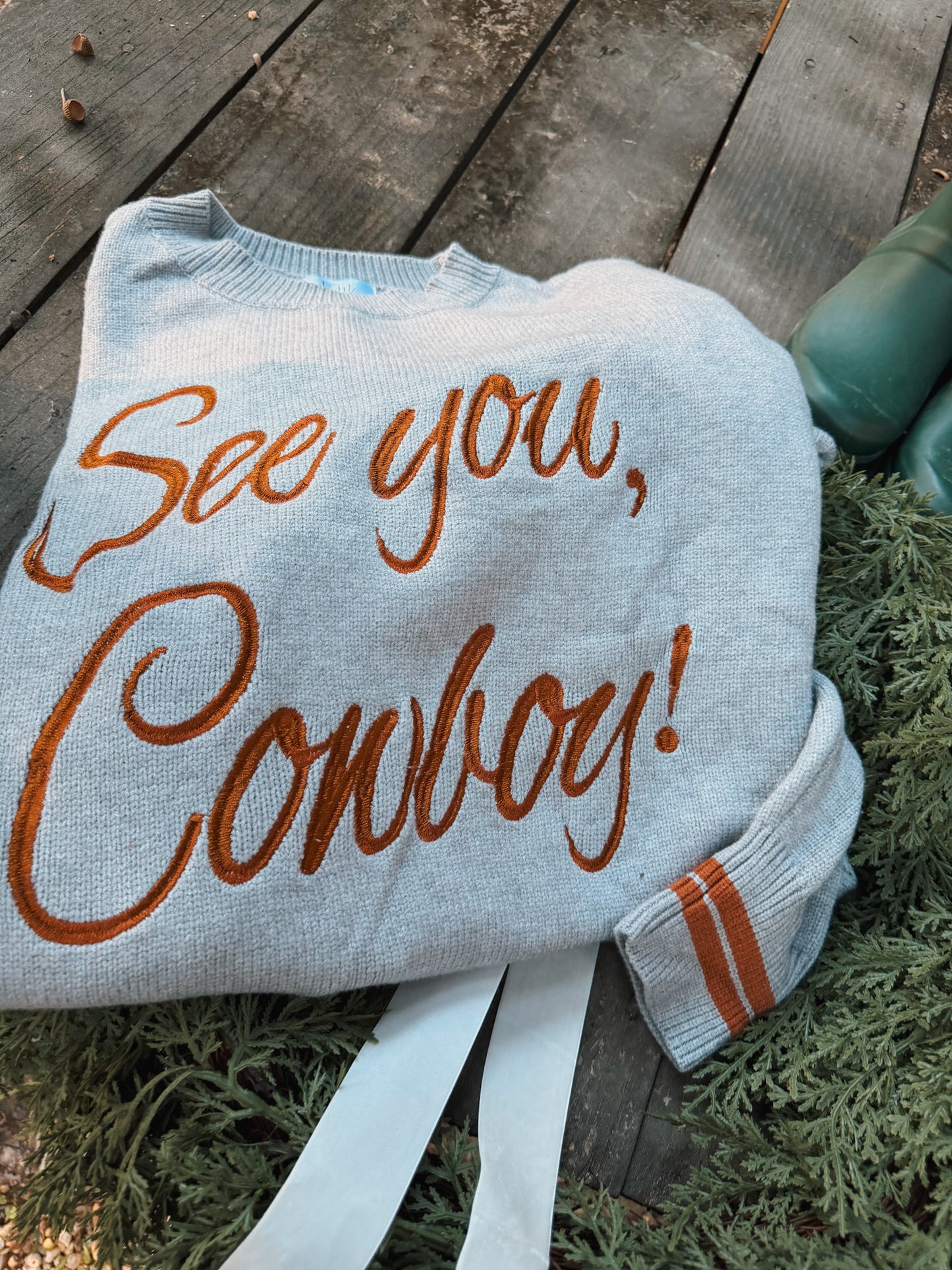 See You Cowboy Embroidered Sweater - Light Grey