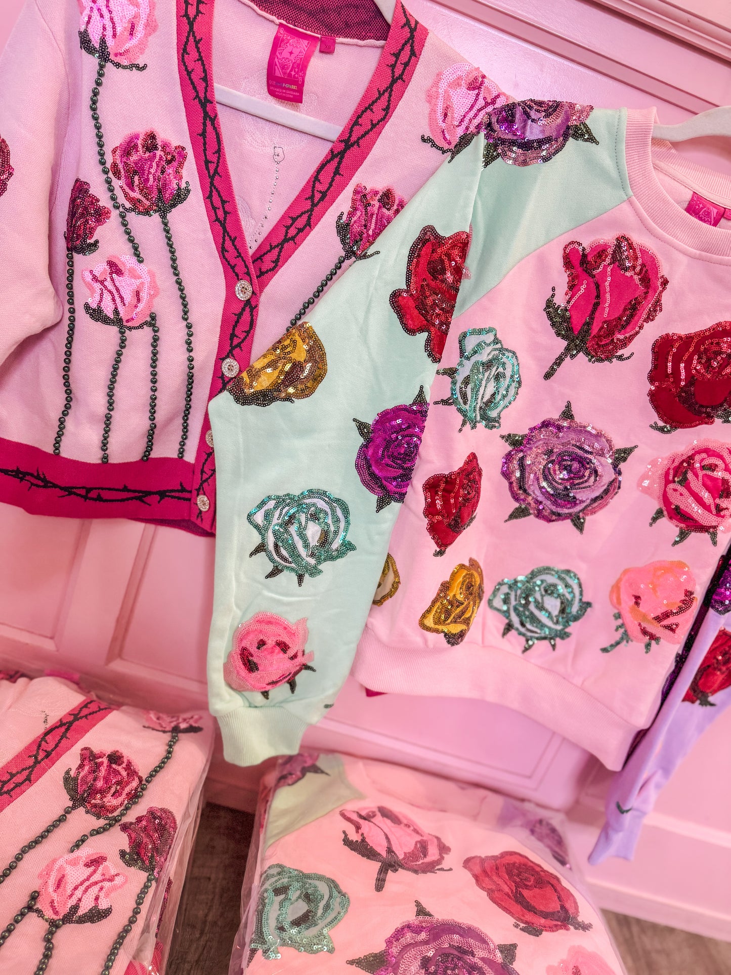 Queen Of Sparkles Color Block Velvet Roses Sweatshirt