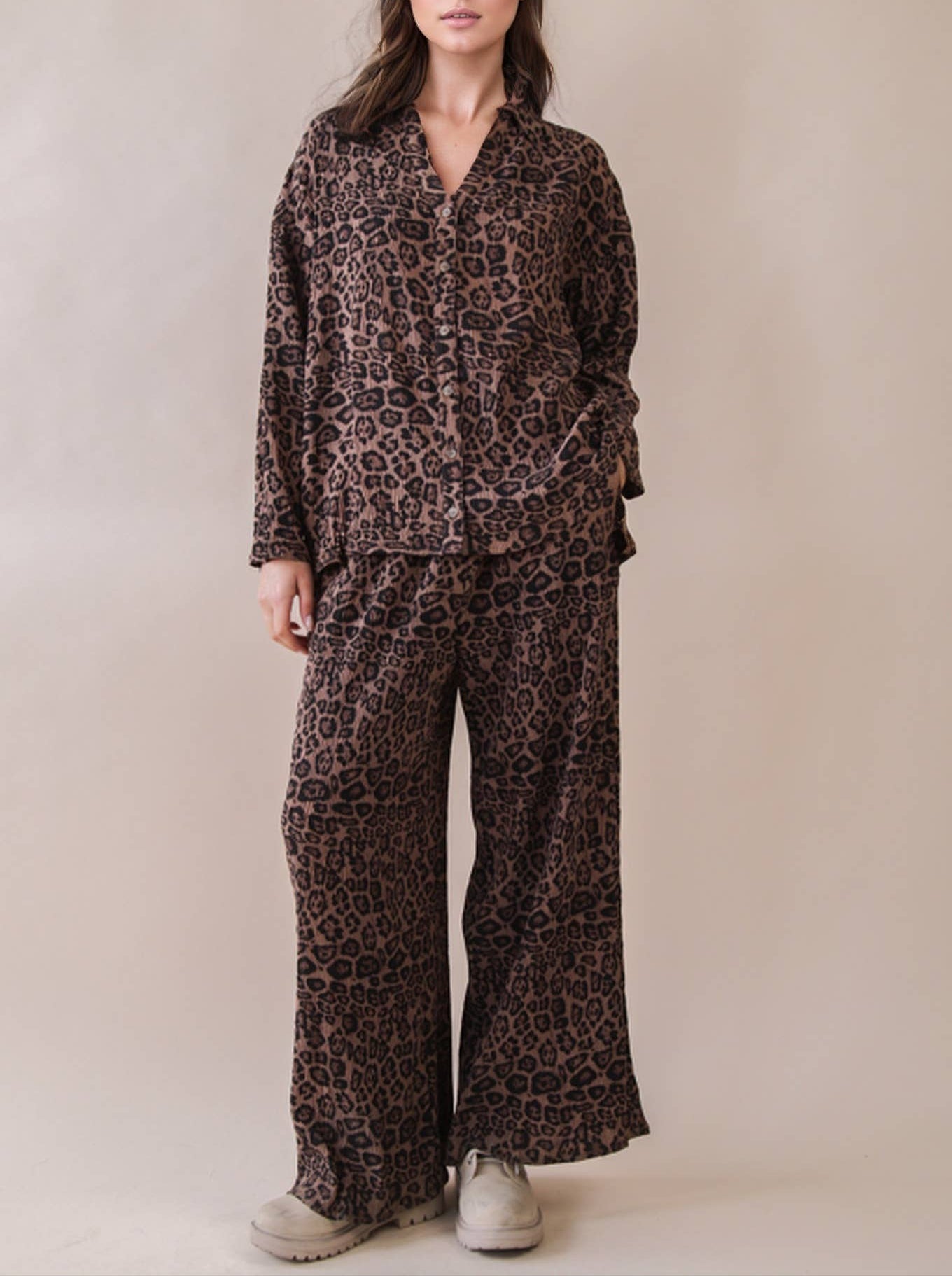 On Top Pleated Pants Set - Mocha Leopard