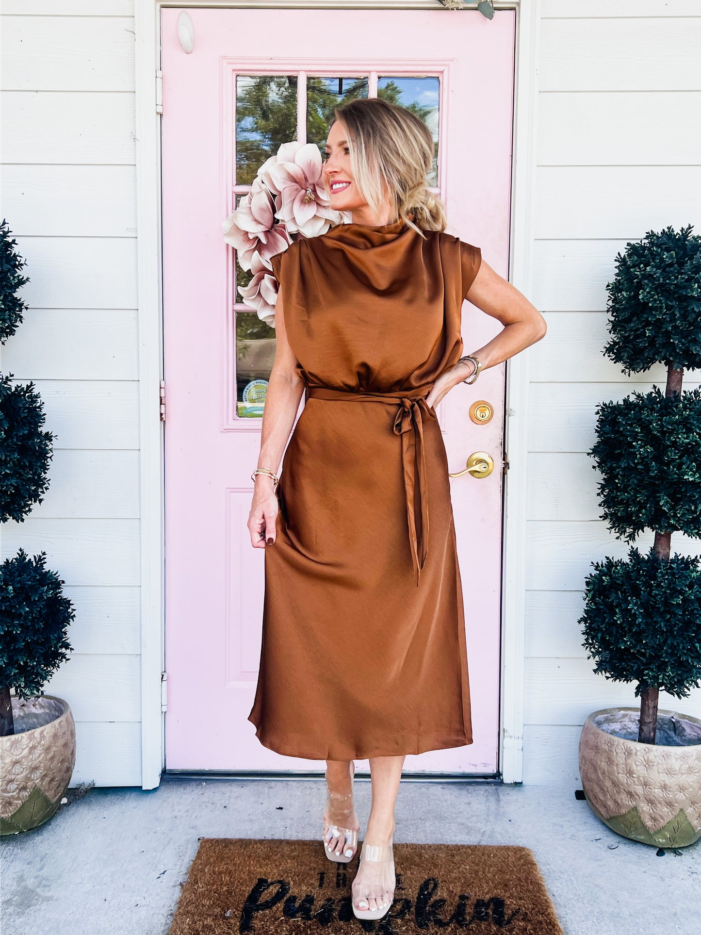 Up For Anything Cowl Neck Midi Dress - Camel