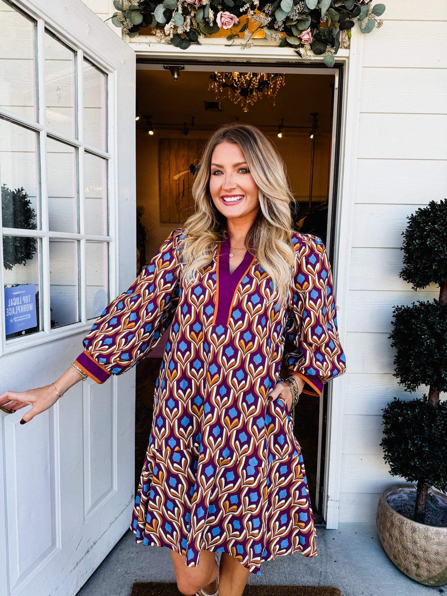 Add It Up Geometric Print Long Sleeve Dress - Wine