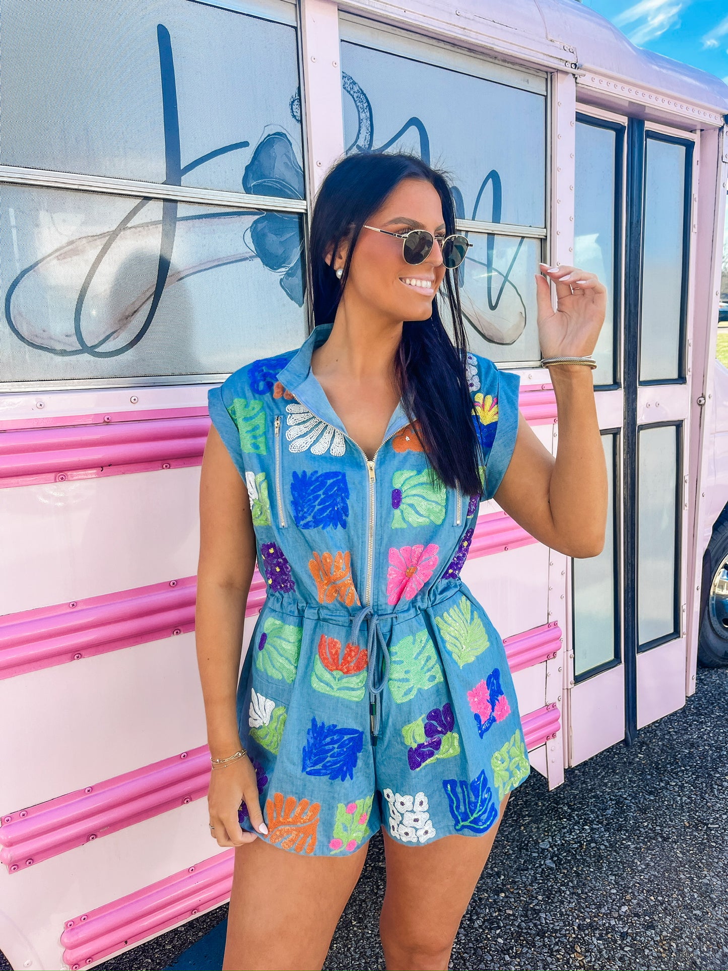 Queen Of Sparkles Denim Flower Tile Zipper Romper