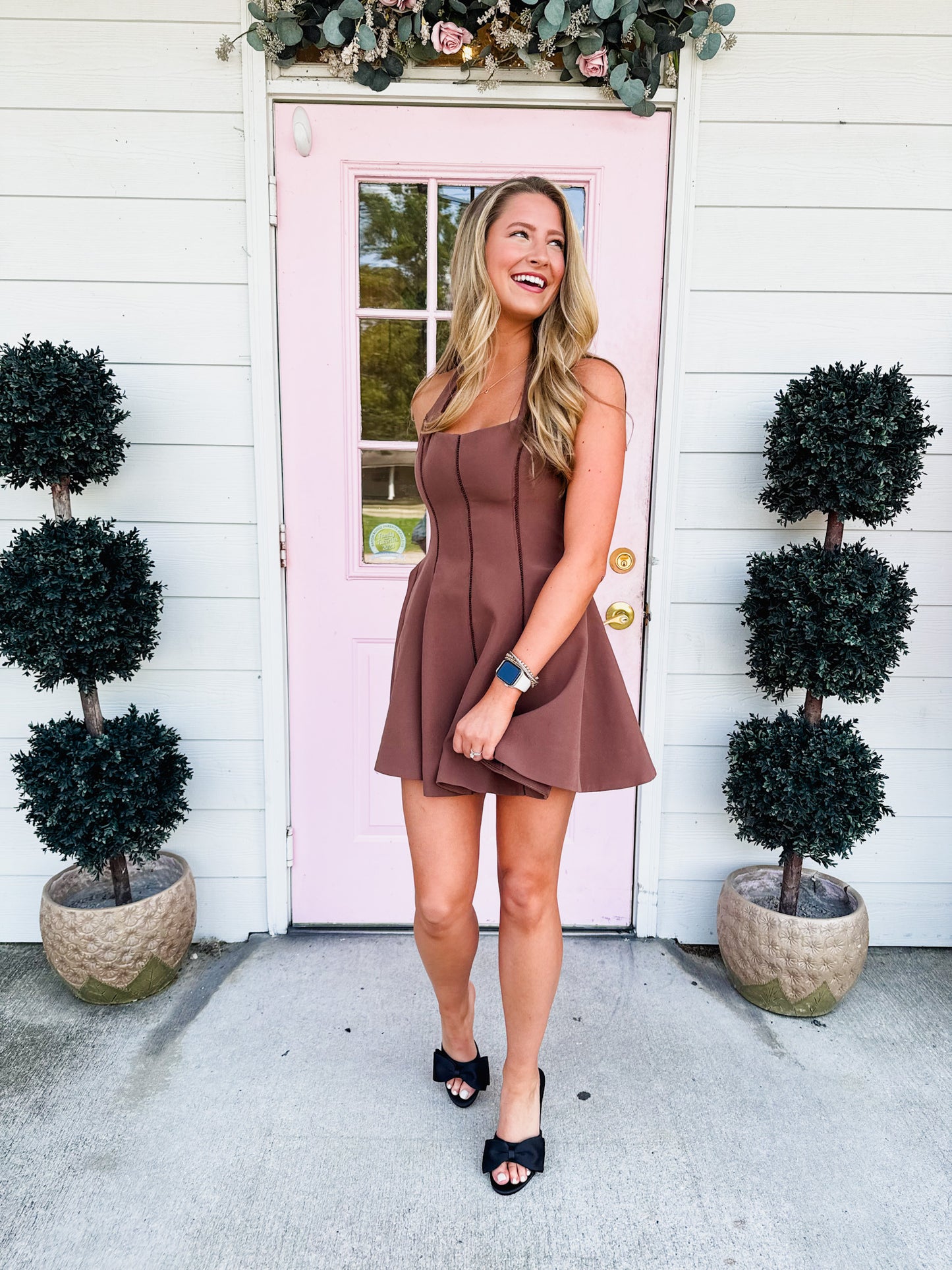 Butterfly Kisses Lace Trim Halter Neck Dress - Chocolate