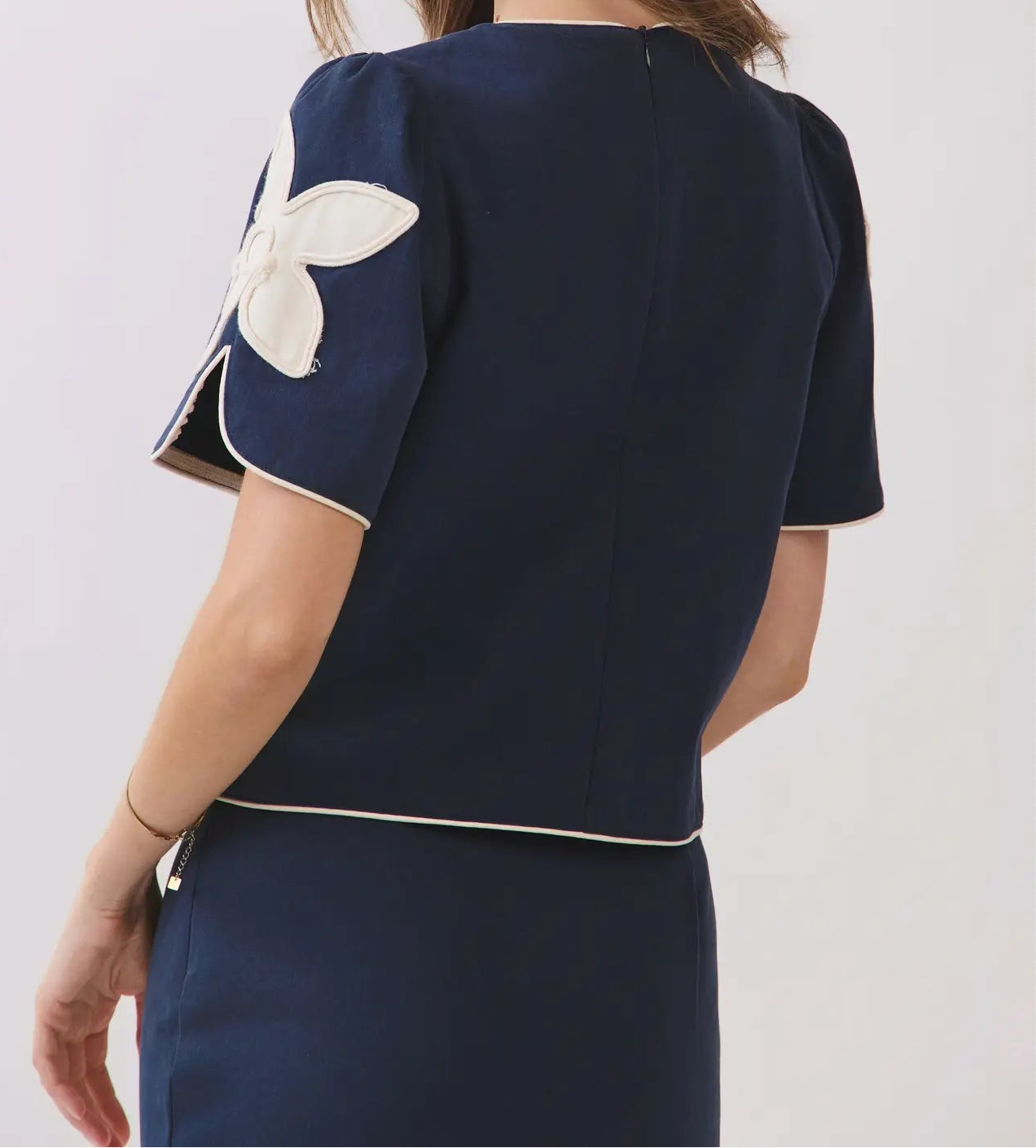 One More Floral Applique Short Puff Sleeve Structured Top - Navy