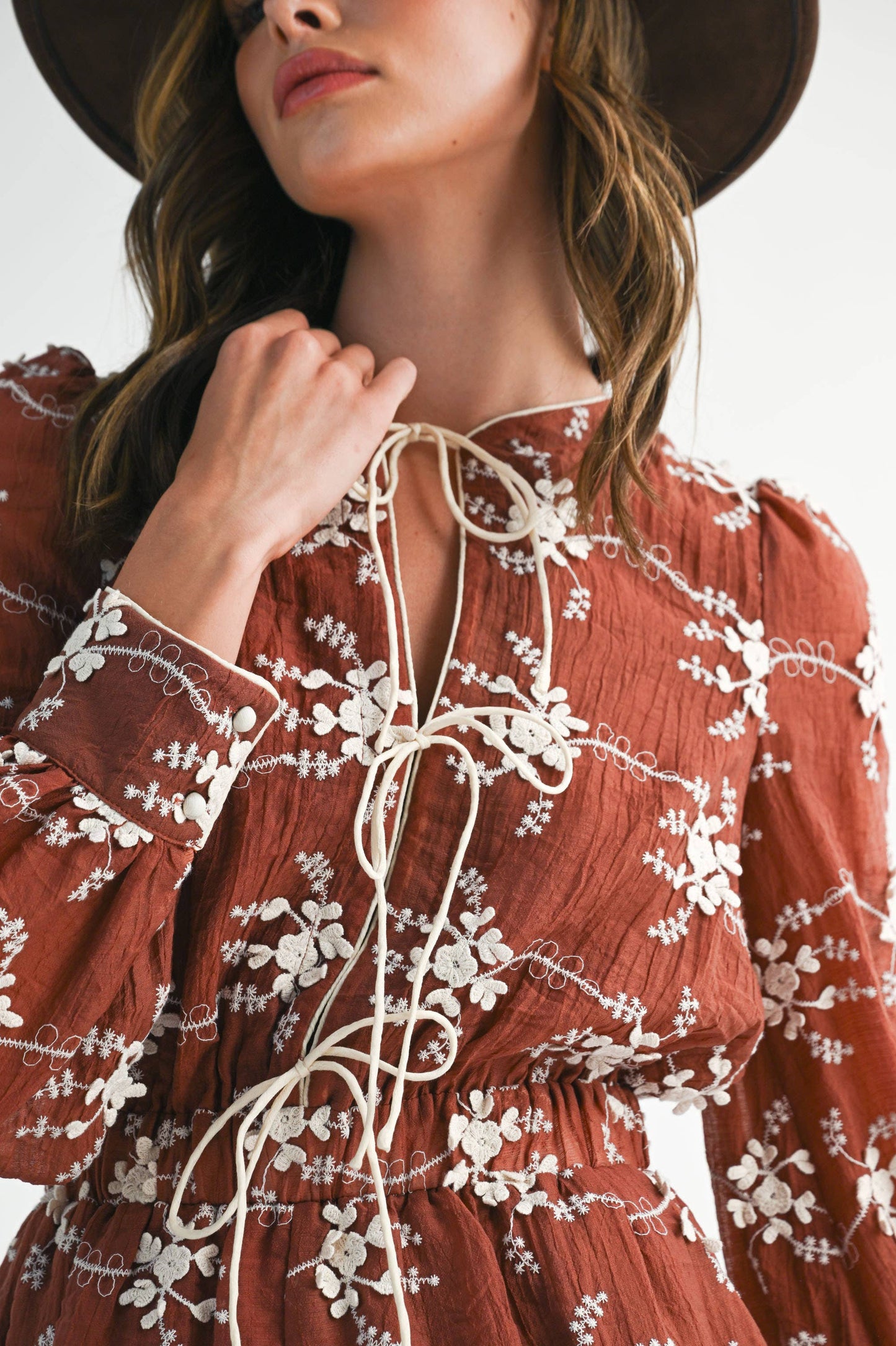 Country Morning Floral Embroidered Romper - Maroon