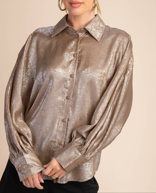 New Chapter Voluminous Sleeve Button Down Blouse - Mocha