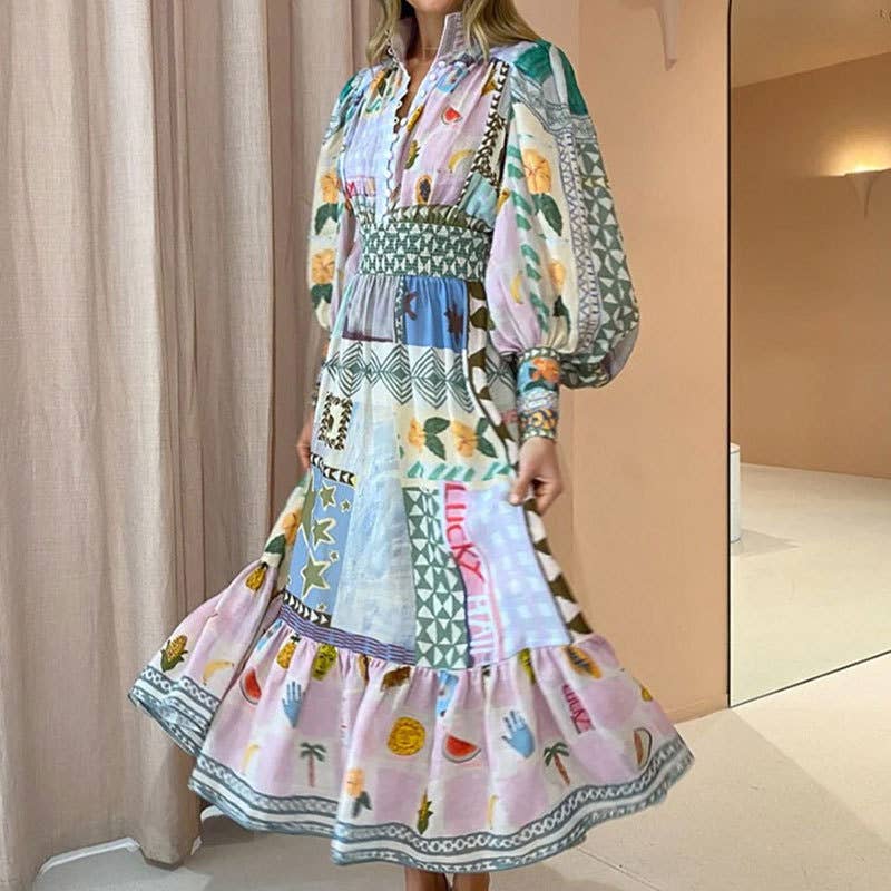 Color Your World Printed Lantern Waist Maxi Dress - Multi