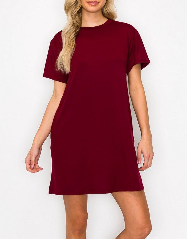 On The Go T-Shirt Dress with Pockets - Burgundy