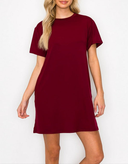 On The Go T-Shirt Dress with Pockets - Burgundy
