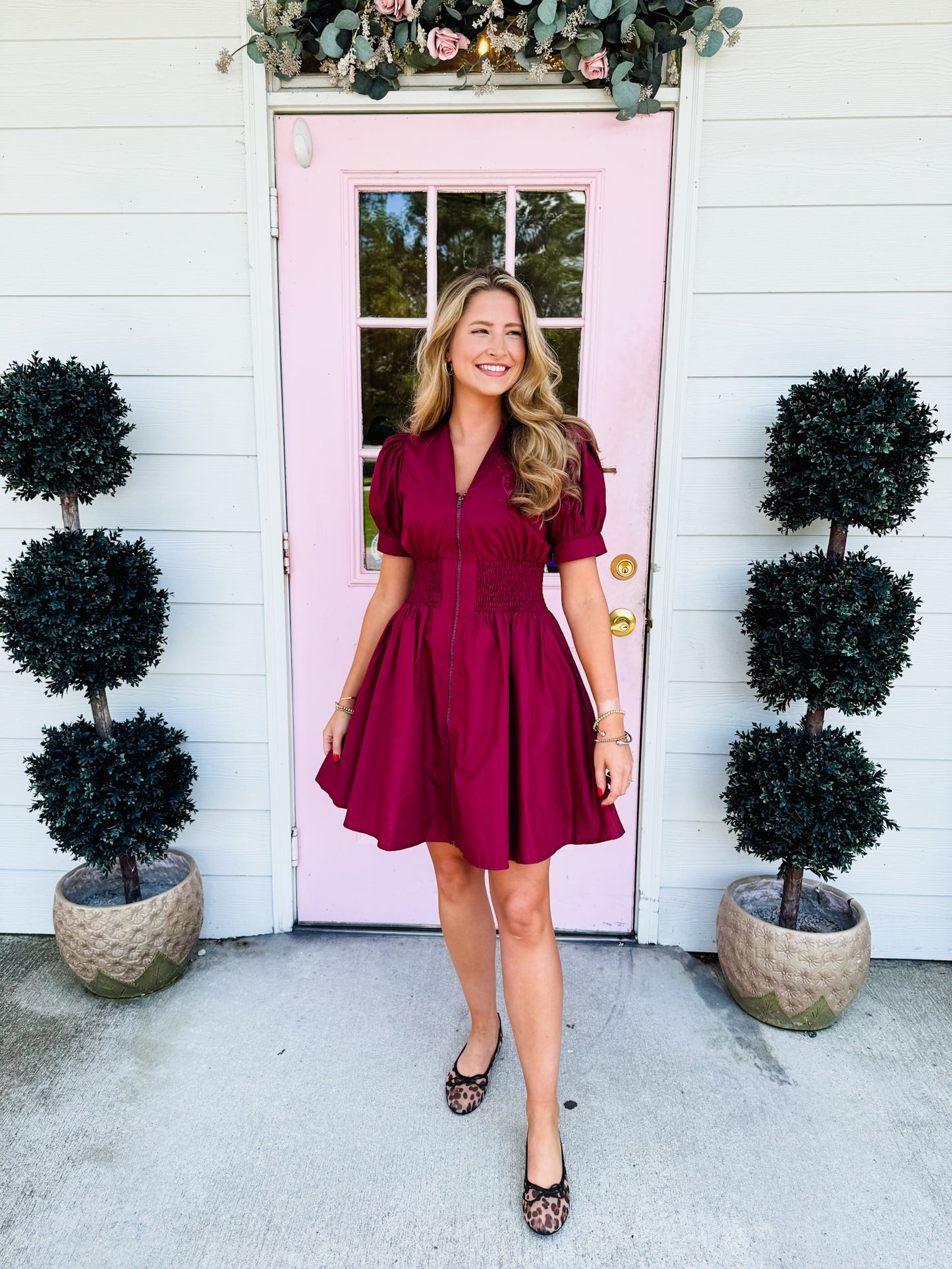In A Hurry Smocked Waist Dress - Burgundy