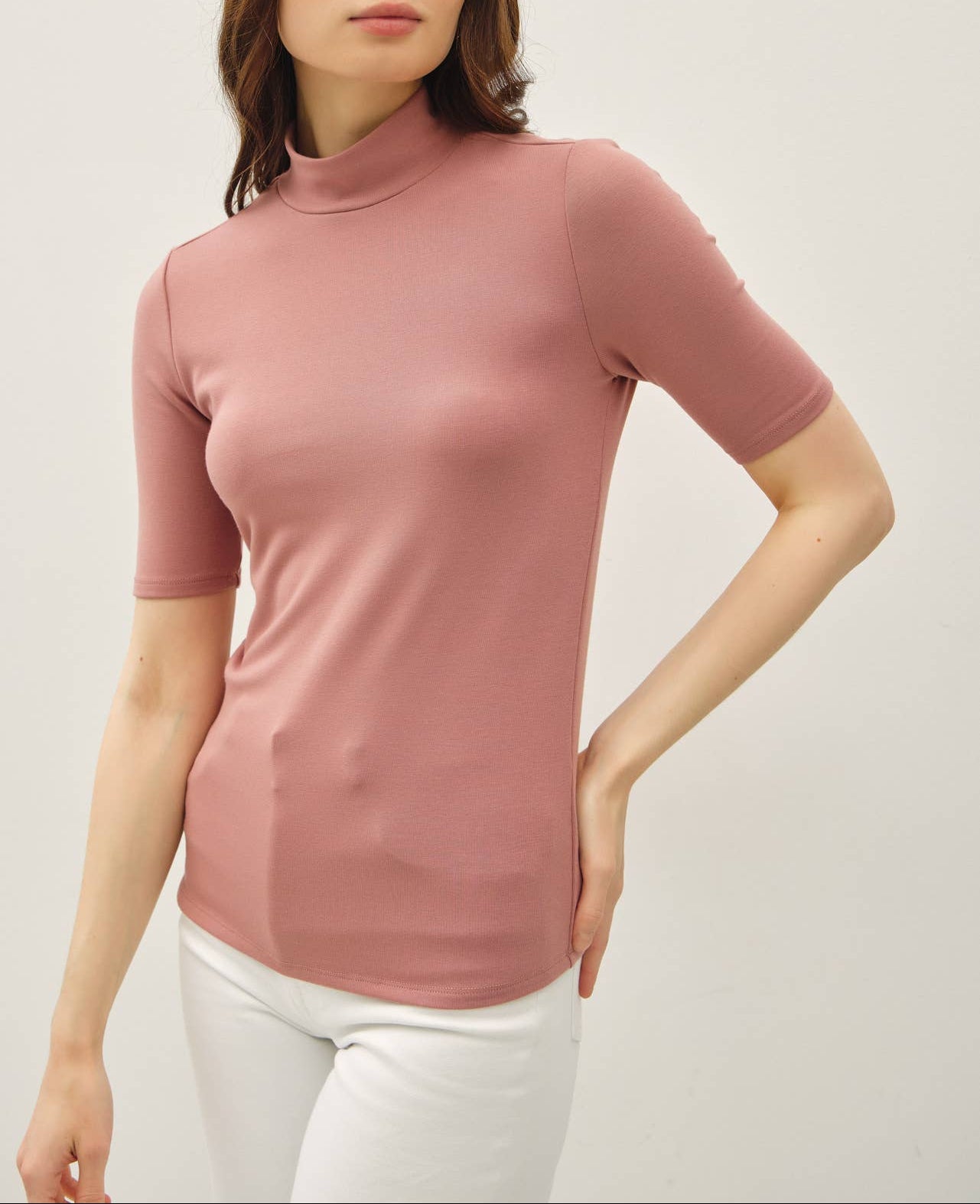 Bestseller Short Sleeve Mock Neck Knit Top - Mauve