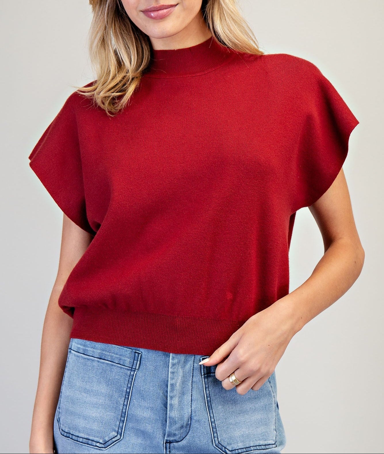 Living For It Mock Neck Short Sleeve Top - Merlot