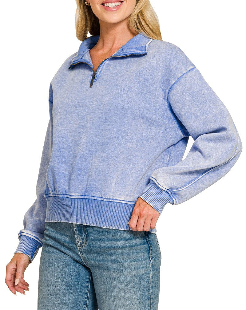 Feel Good Acid Wash Fleece Half Zip Pullover - Cornflower Blue