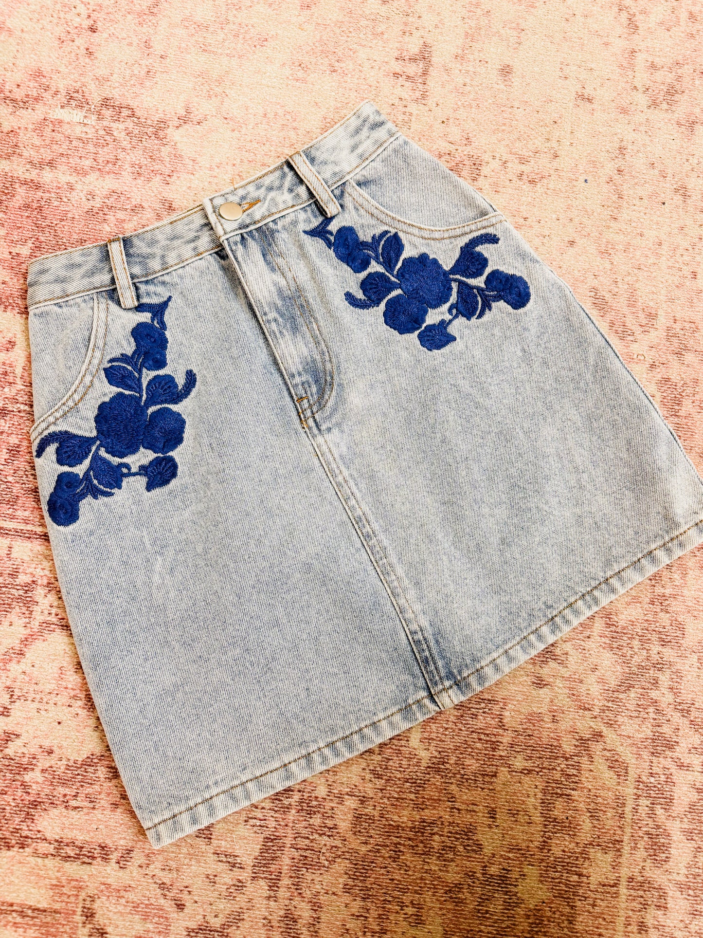 Most Likely Embroidered Denim Skirt - Mid Wash Blue
