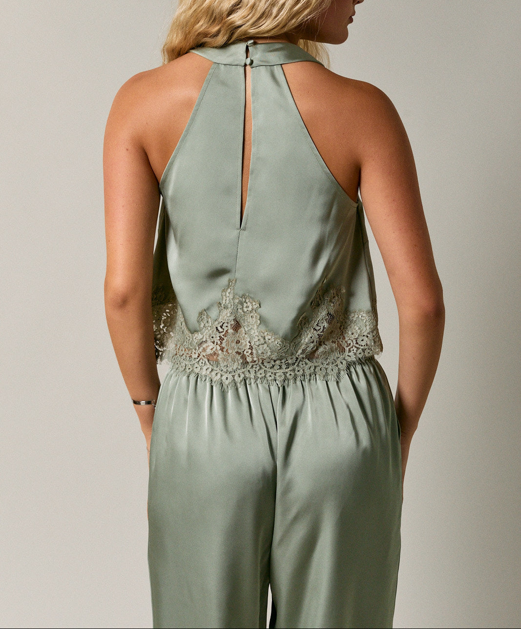 Found You Halter Neck Lace Trim Detail Sleeveless Top - Sage