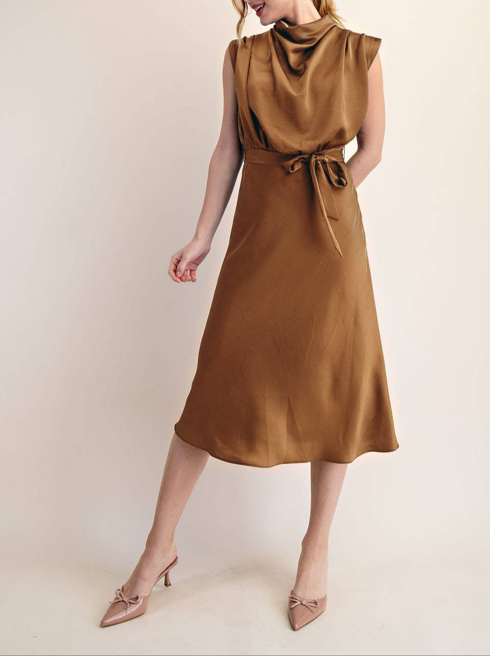 Up For Anything Cowl Neck Midi Dress - Camel