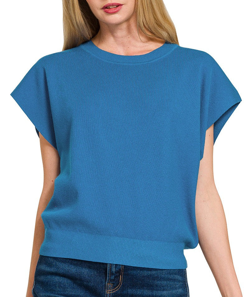 Come Over Round Neck Short Dolman Sleeve Sweater - Heather Classic Blue