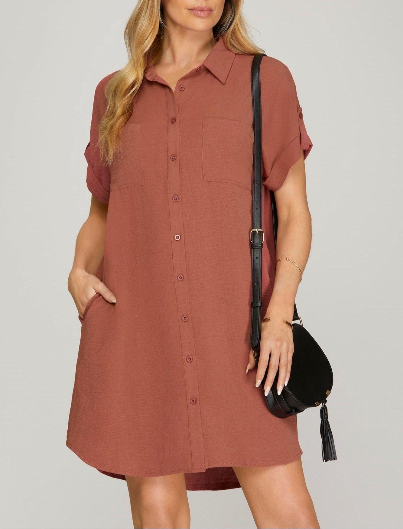 It's A Good Day Button Up Skirt Dress - Cinnamon