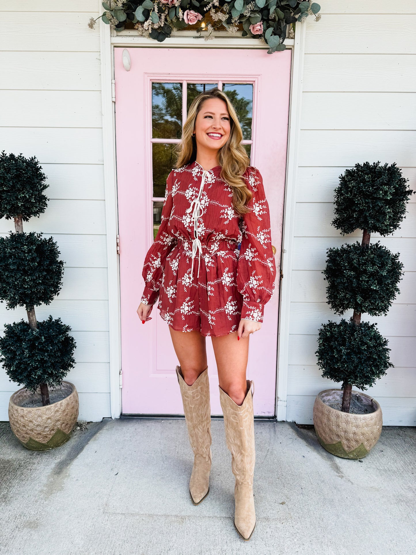 Country Morning Floral Embroidered Romper - Maroon