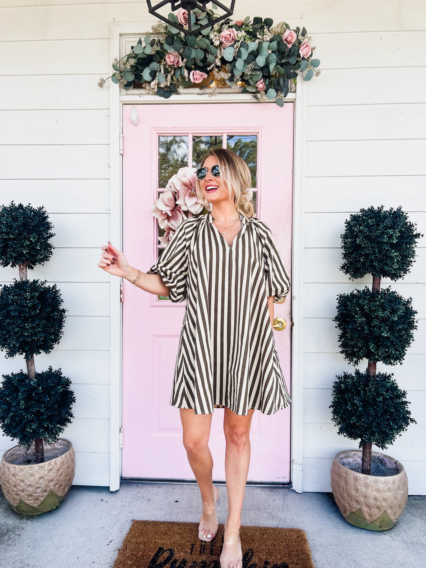 No Problems Here Puff Sleeve Striped Dress - Cream