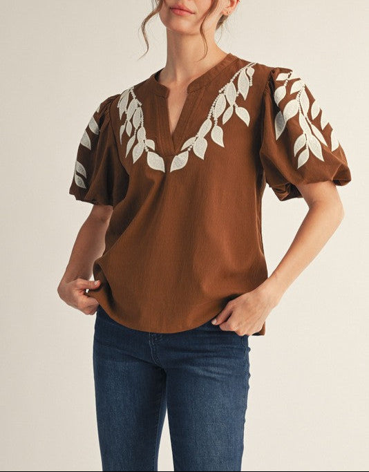 Take Cover Leaf Embroidered Puffed Sleeve Top - Brown