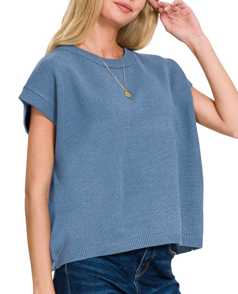 The One Oversized Sweater Cap Sleeve Top - Dusty Blue