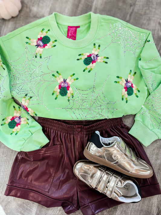 Queen of Sparkles Neon Green Fuzzy Spider & Web Sweatshirt
