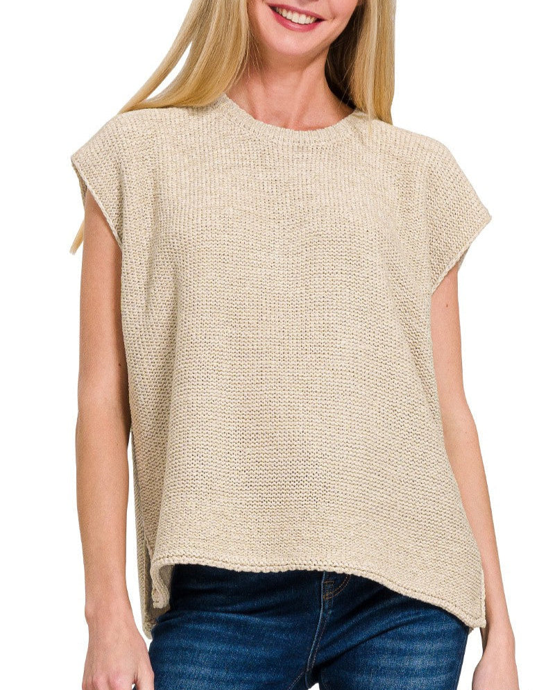 It Top Oversized Crew Neck Sweater Cap Sleeve - Sand Beige