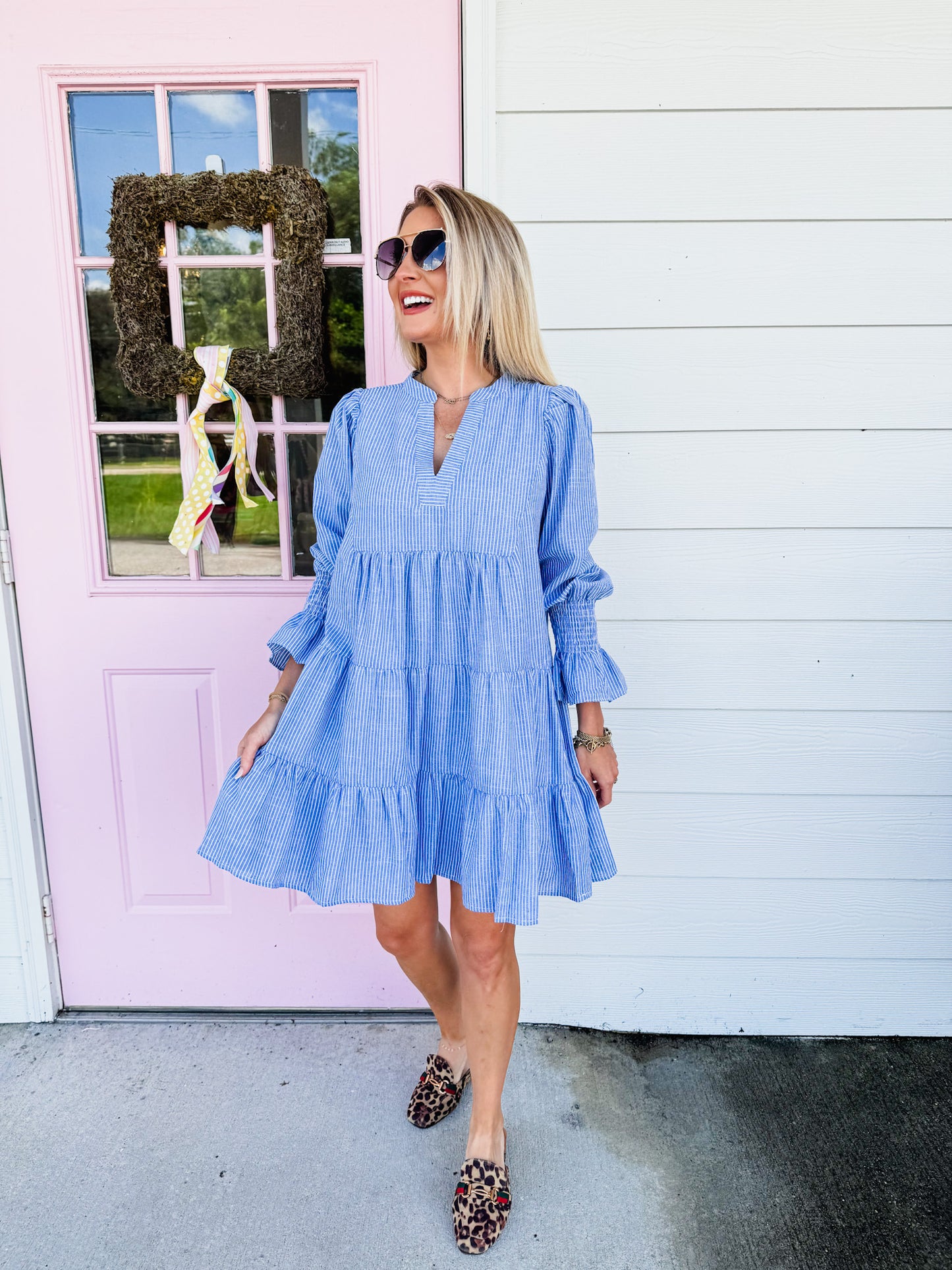 Light Steps Stripe Babydoll Mini Dress - Blue/White