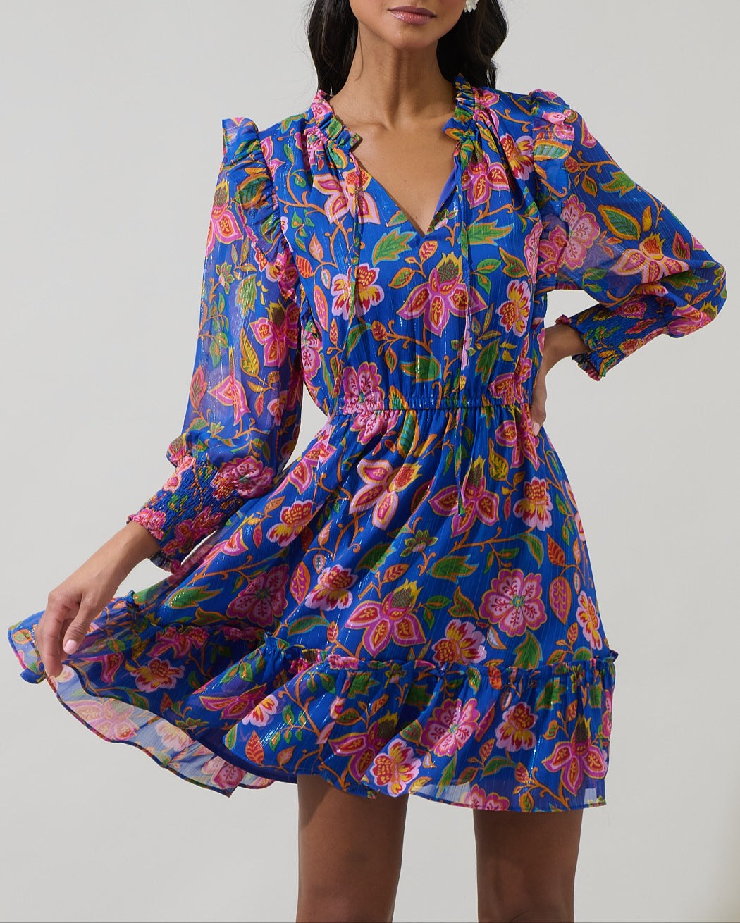 Wendey Floral Ruffle Chiffon Dress - Blue Multi