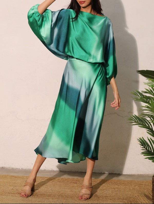 Main Character Ombre Satin Midi Swing Skirt - Green