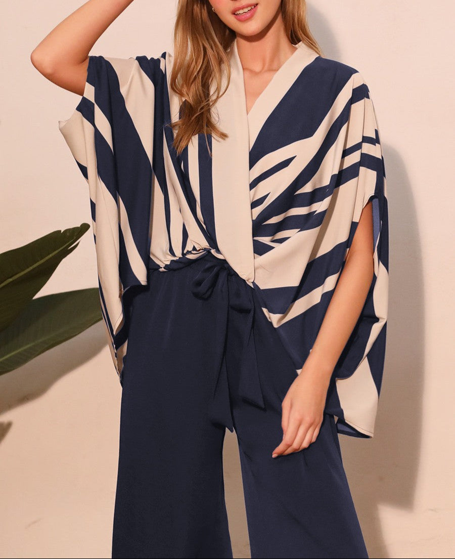 Siena Stripe Surplice Caftan Top - Navy
