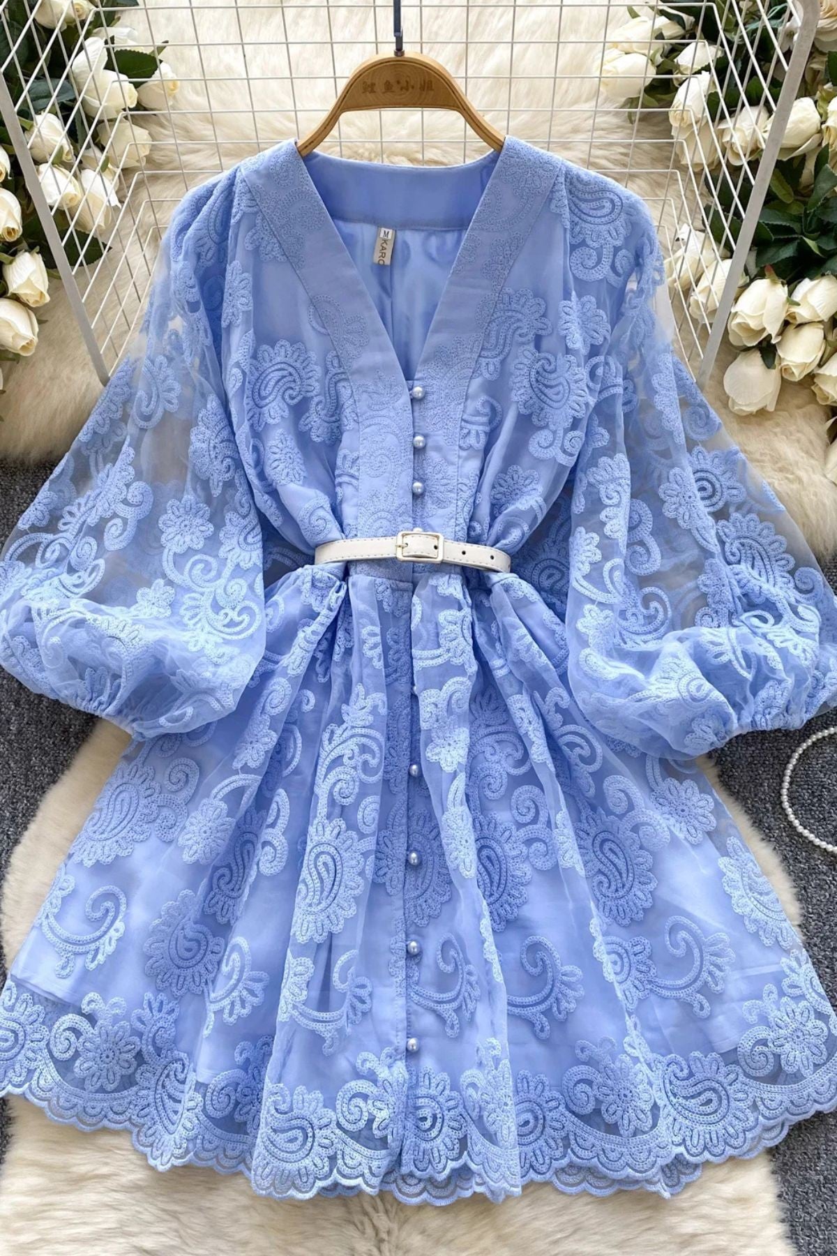 Own The Night Lace Button Down Dress - Blue