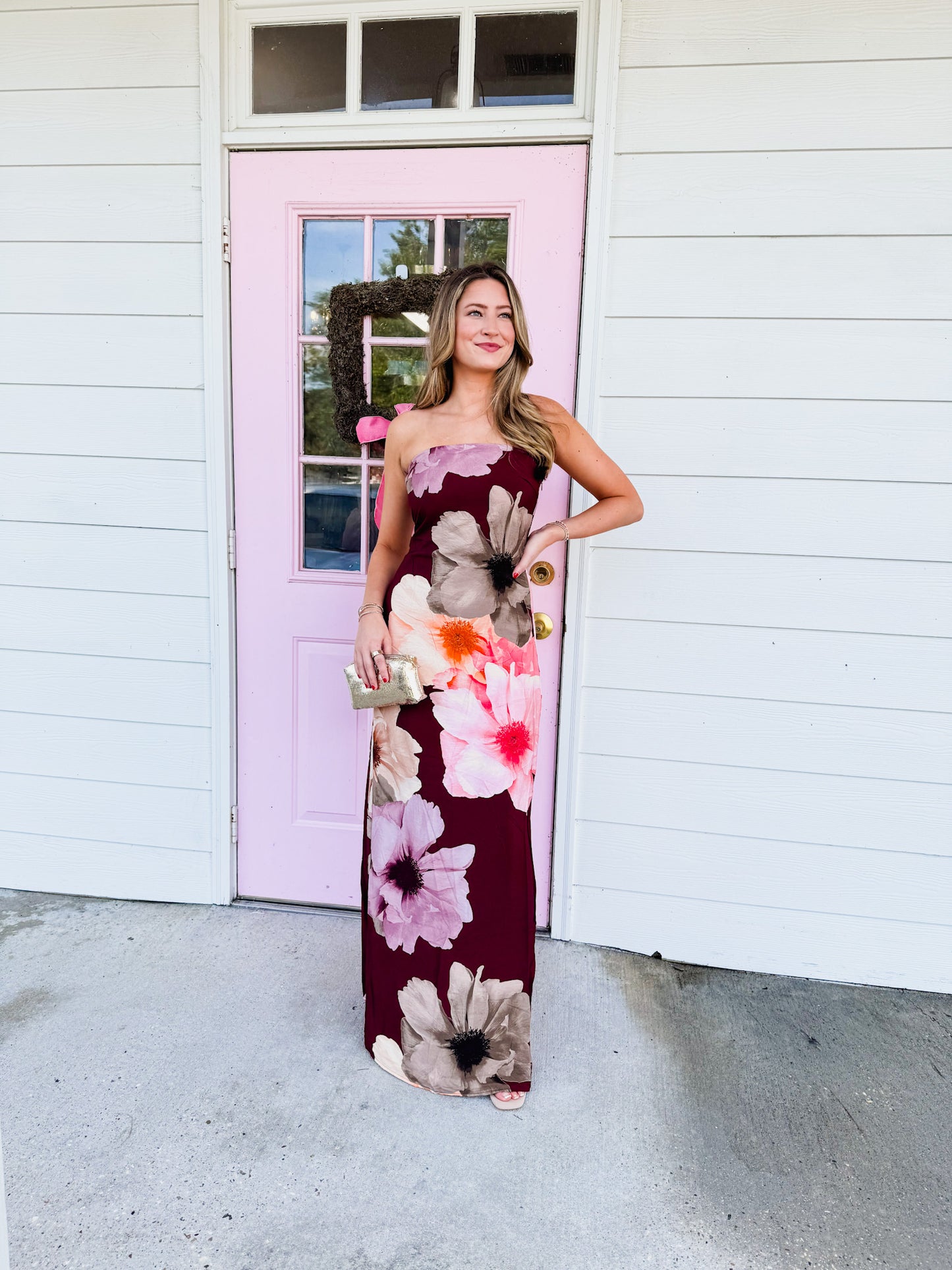 High Stakes Floral Strapless Maxi Dress - Burgundy