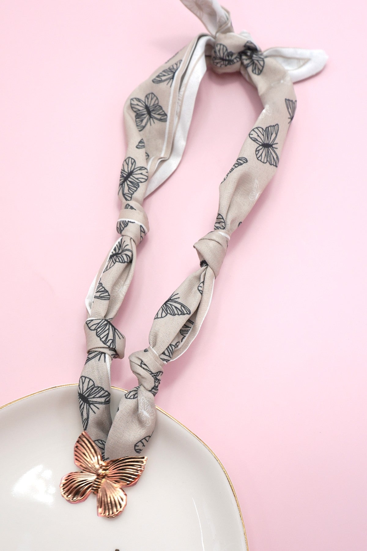 Butterfly Charm Handmade Scarf Necklace - White