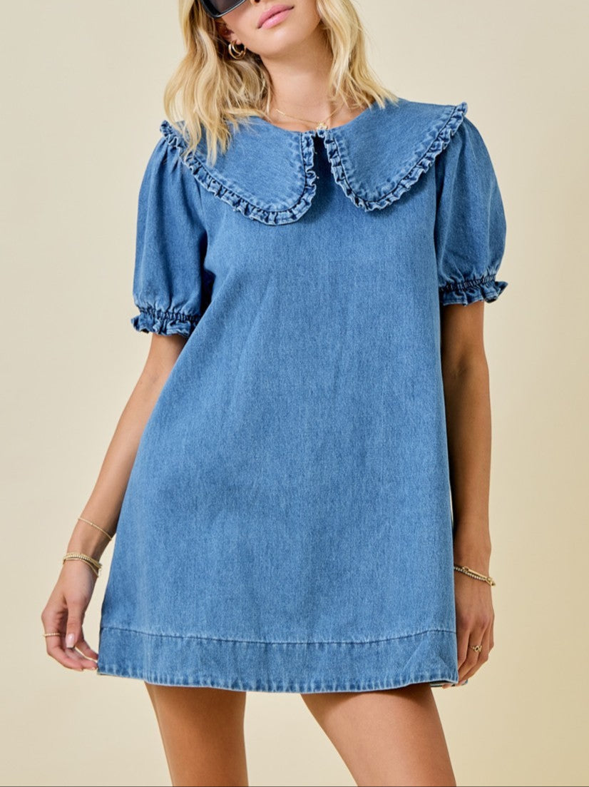 Prim and Proper Mini Dress With Oversized Collar - Denim