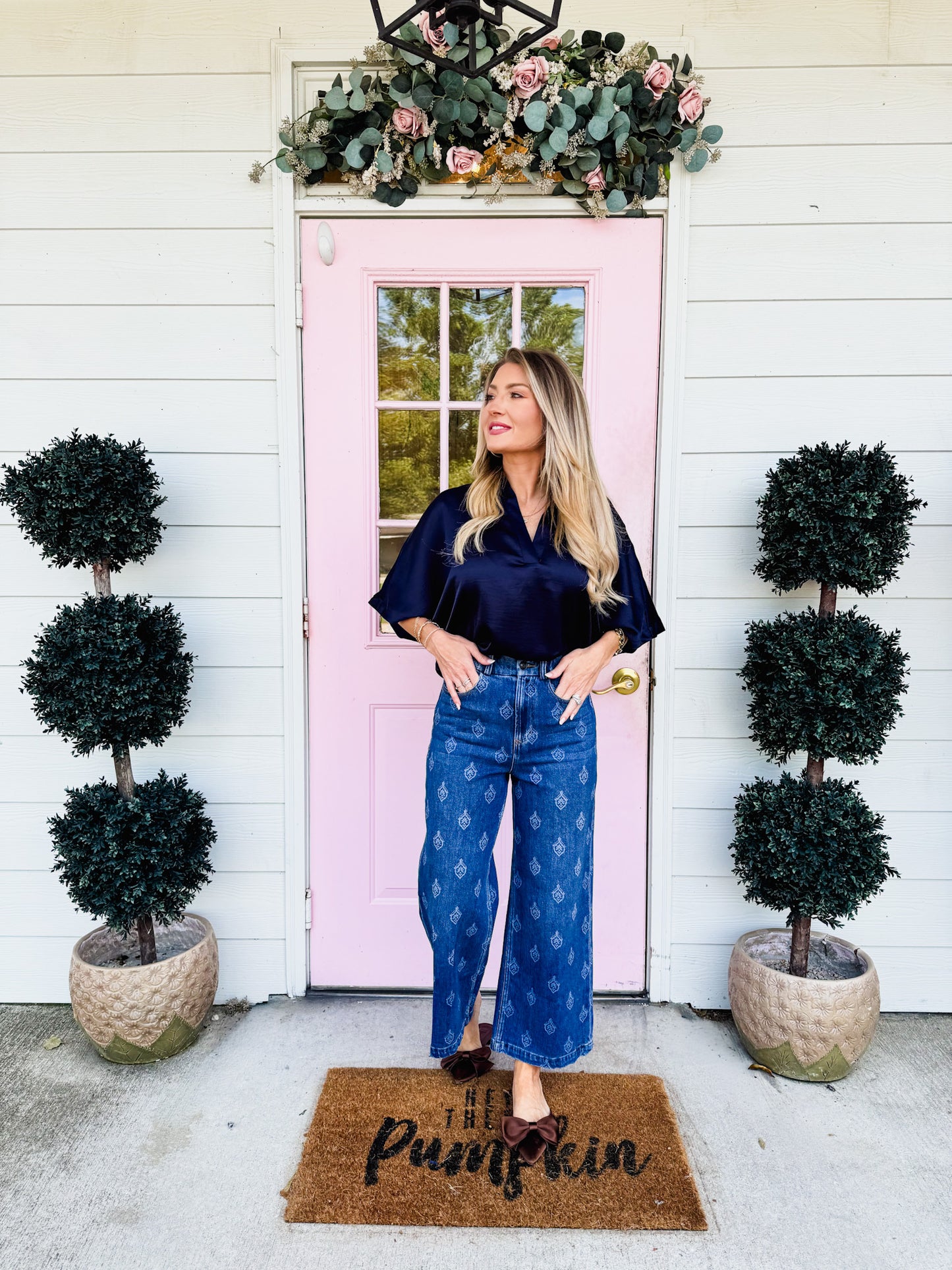 Collar V-Neck Oversized Top - Navy