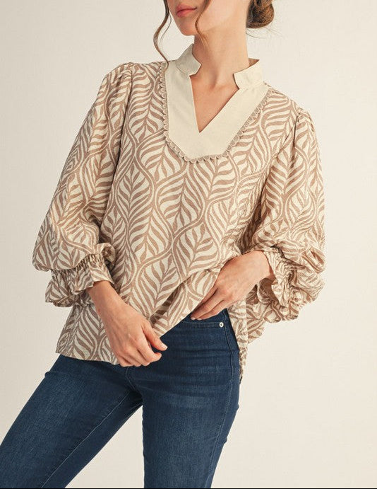 Stay Standing Collared Neck Boho Leaf Print Top - Taupe