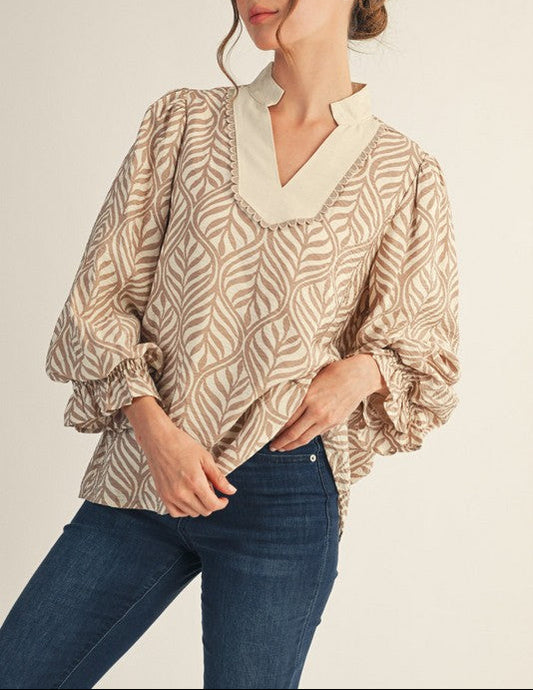 Stay Standing Collared Neck Boho Leaf Print Top - Taupe
