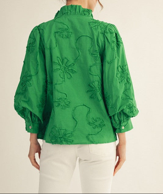 Southern Charm Button Down 3D Floral Top - Kelly Green