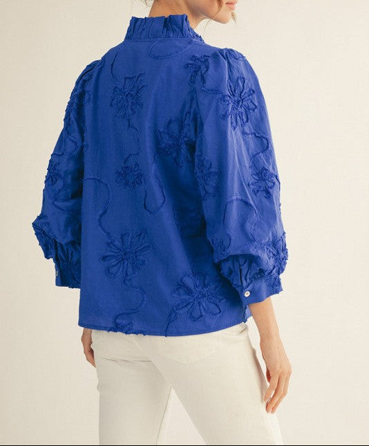 Southern Charm Button Down 3D Floral Top - Royal