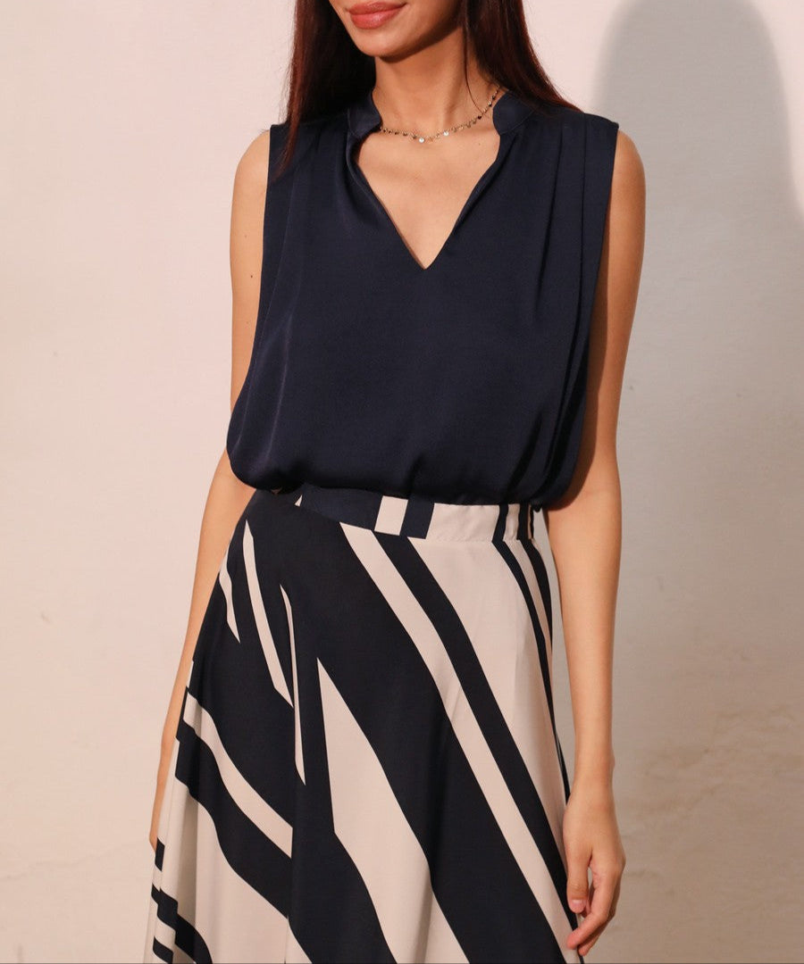Business Casual Silk Pleated Sleeveless Top - Navy