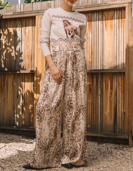 No Warning Snake Print Elastic Waistband Pants - Brown Python