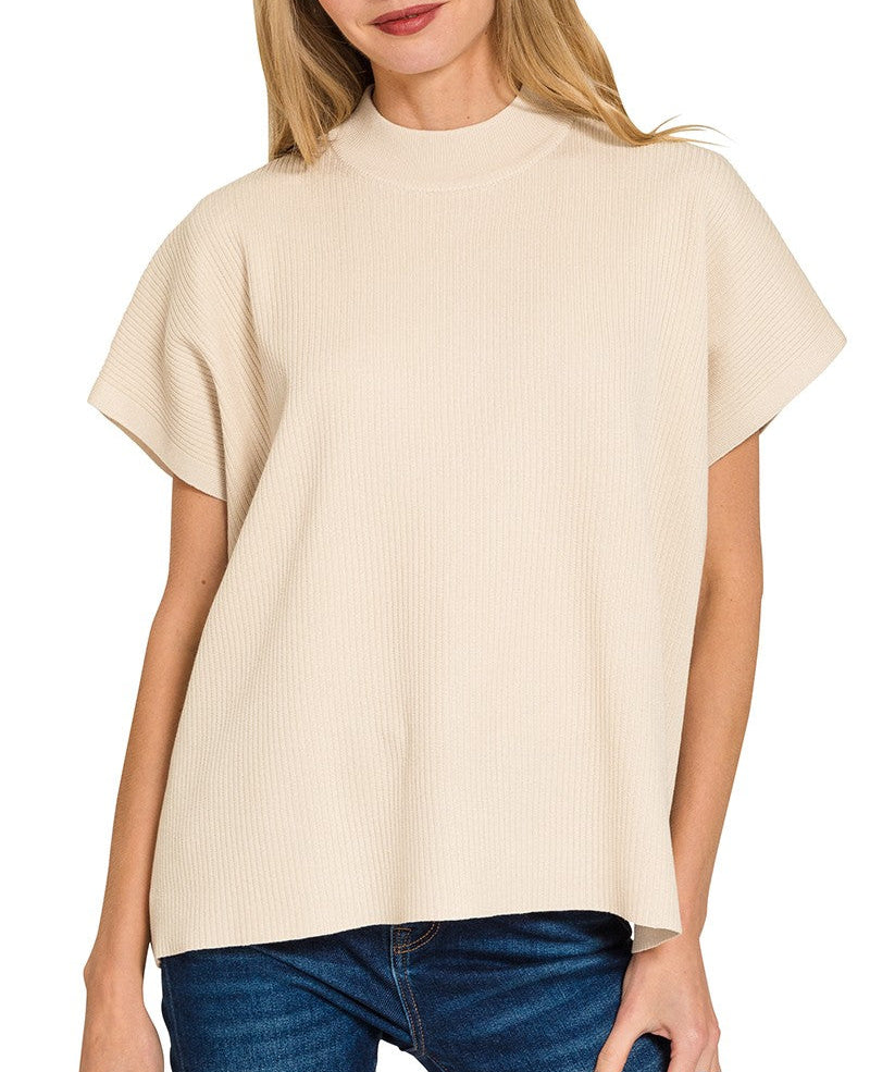 Something New Viscose Mock Neck Short Sleeve Boxy Sweater - Sand Beige