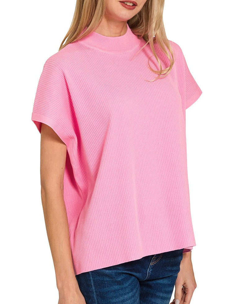 Something New Viscose Mock Neck Short Sleeve Boxy Sweater - Candy Pink