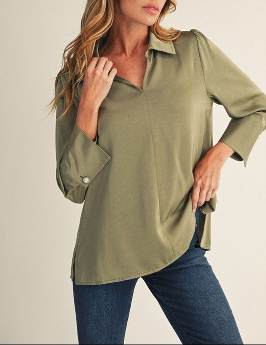Cheer On Pearl Cuff Button Accent Satin Top - Dusty Olive