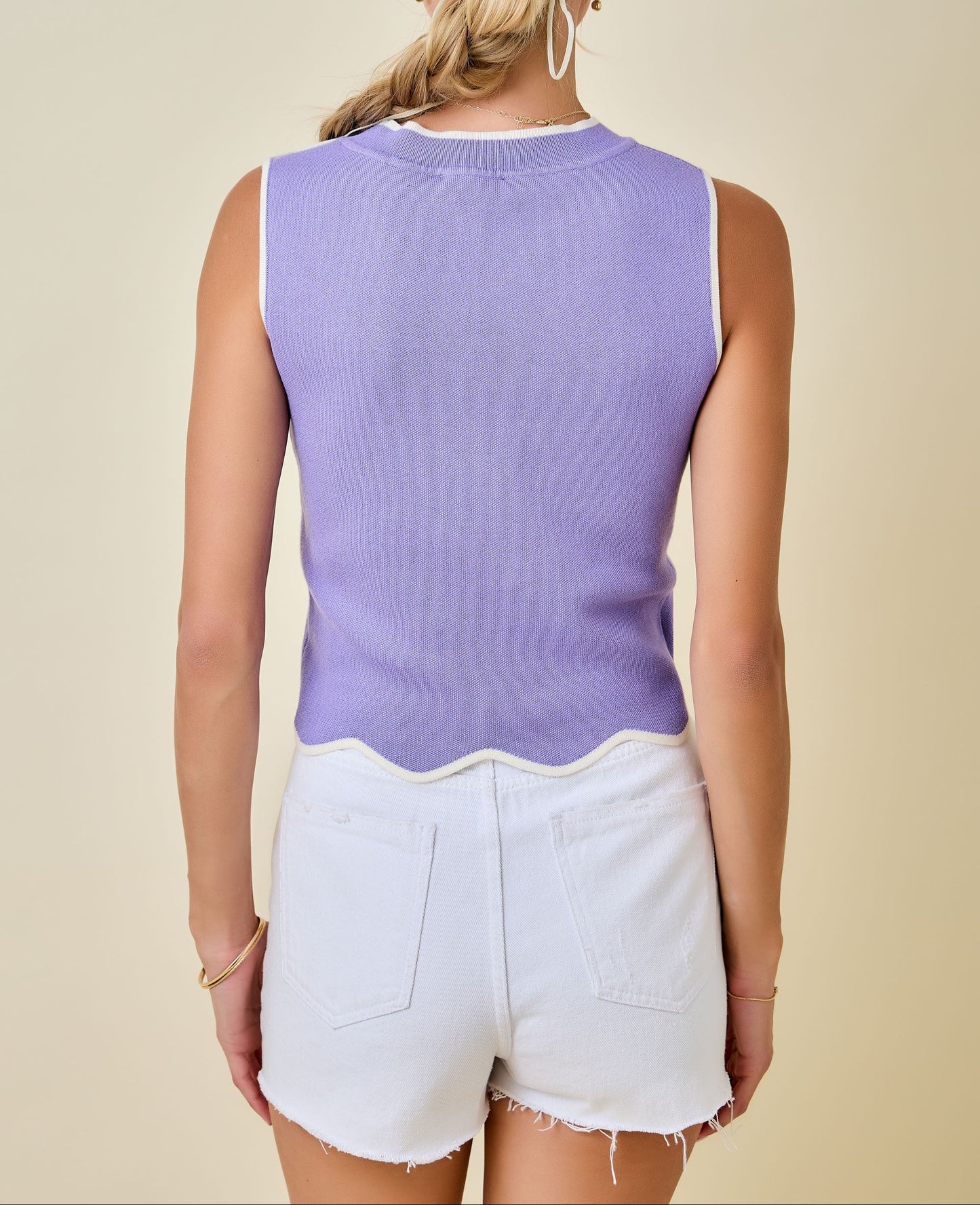 Good Day Sleeveless Knit with Contrast Scalloped Hem Top - Lavender/White