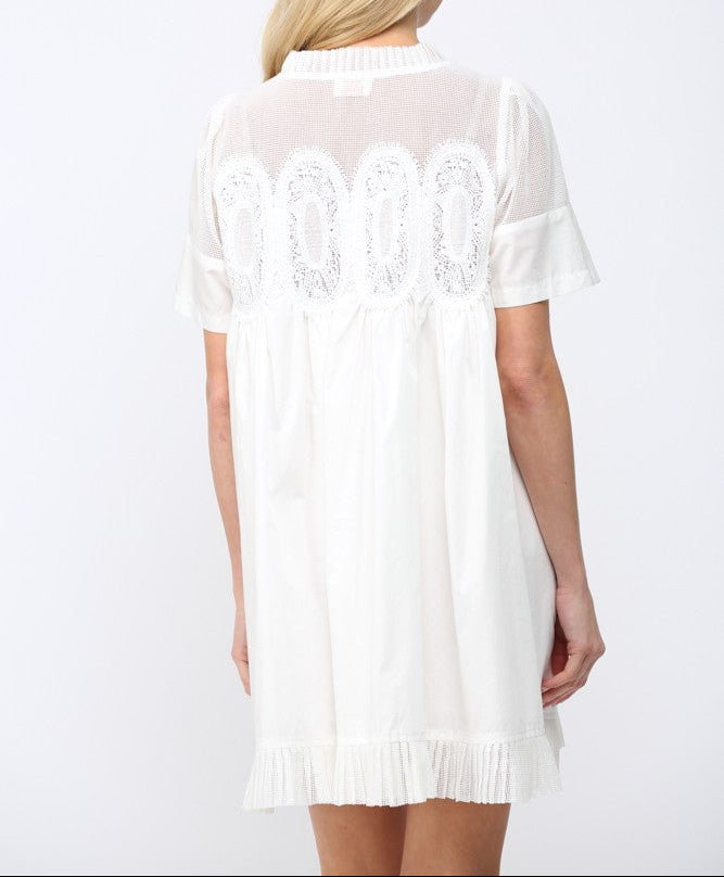 All In Mesh Applique Pleated Dress - Off White