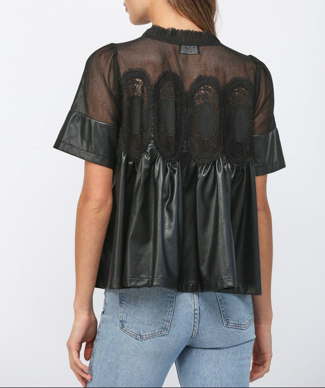 Chart Topping Mesh Applique Faux Leather Top - Black